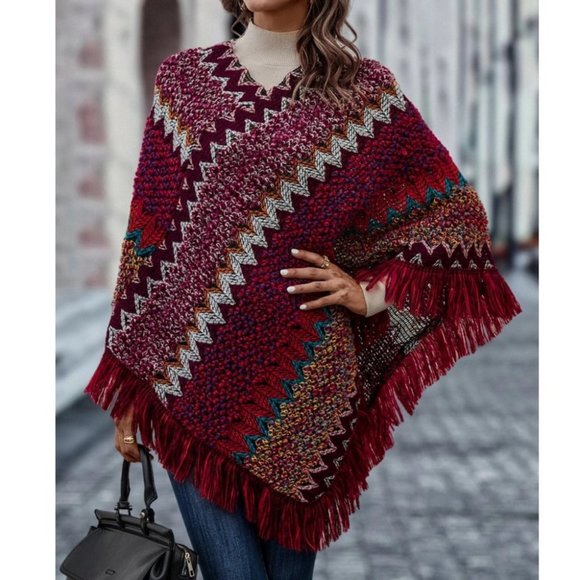 MODA ME COUTURE Sweaters - Chevron Fringe Hem Poncho Sweater multi color